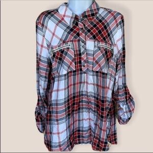 Takara plaid Top blouse Long sleeve Button 3/4 Size Large